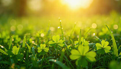 Fototapeta premium Enchanting Clover Leaves with Morning Dew in Warm Golden Light
