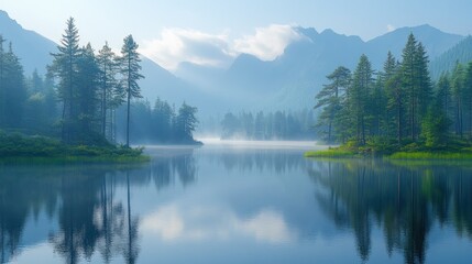 Fototapeta premium Serene mountain lake with mist, reflecting trees and peaks.