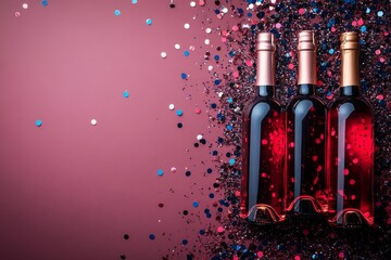 Fototapeta premium Bottles of wine are on table with pink background with copy space