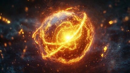 glowing energy sphere, swirling luminous particles, ethereal yellow orb, dark void background, radiant core light, mystical atomic visualization, dynamic particle trails, abstract quantum