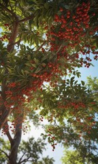 Fototapeta premium A bunch of coffee branches hanging from a tree's canopy, leaves, nature