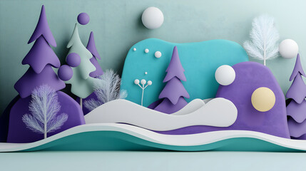 Colorful Abstract Landscape with Stylized Trees, Spheres, and Curved Shapes in a Dreamy Composition for Creative Design and Background Use