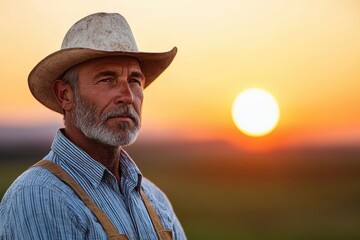 A thoughtful man in a cowboy hat gazes at a sunset, capturing a serene moment in nature.