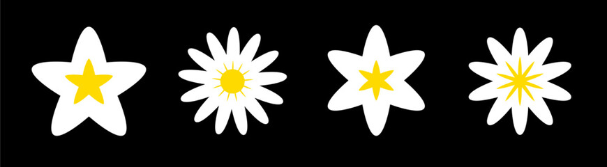 Sparkles Stars Daisy chamomile flower sign symbol icon line set. White yellow color. Cute shape collection. Christmas decoration element. Black background. Simple Flat design. Childish style. Vector