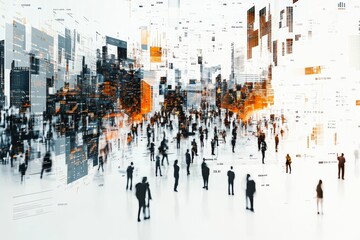 Abstract cityscape; blurred figures; data overlays.