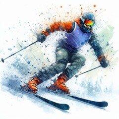 Professional skier in dynamic motion skiing downhill on snowy slopes. Watercolor illustration for winter sports and adventure themes