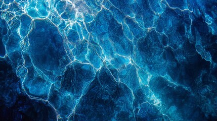 Luminous aqua caustics pattern, crystal clear water surface, sunlight refraction network, deep pool ripples, premium underwater photography, electric blue tones, natural light play