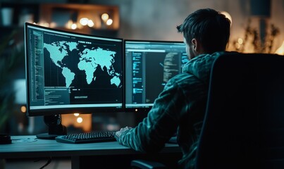 Person codes, viewing world map data on screens.