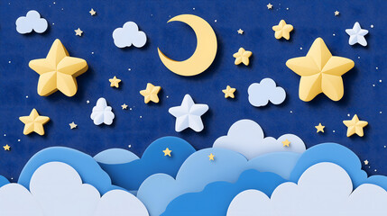 Colorful Night Sky with Stars and Clouds in Paper-Cut Style with a Yellow Moon Illustrating a Dreamy and Whimsical Atmosphere Perfect for Children’s Themes
