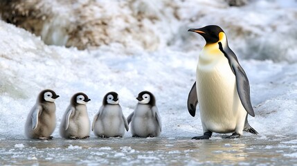 Obraz premium Emperor penguin adults and chicks on snowy ice.