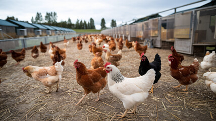 chicken farm with chickens walking around a large