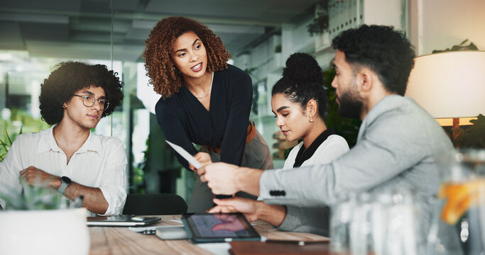 Documents, meeting and tablet with business people in office together for web design discussion. App development, feedback and review with employee team in workplace for planning or strategy ideas