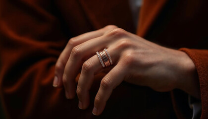 Stacked Rings and Layered Bands Elegant close up of a hand wearing multiple stylish rings, showcasing intricate designs and warm earthy tones