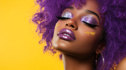 Black woman with bold purple hair and glitter, showing a fun and creative beauty look, perfect for modern and stylish fashion ideas