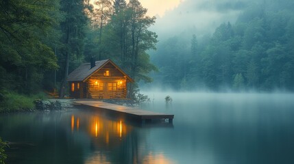 Fototapeta premium Cozy cabin on misty lake at dawn.