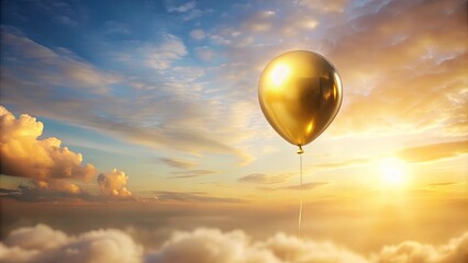 Fototapeta premium Golden balloon ascends into a breathtaking sunset sky, drifting above a sea of clouds