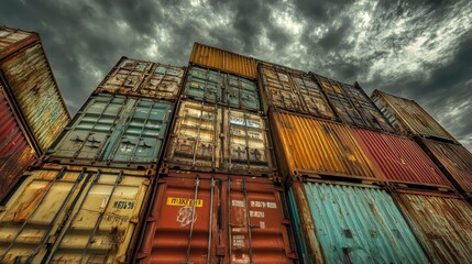 Rusty shipping containers stacked at a shipyard, with faded logos and peeling paint, against a cloudy sky