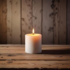 A solitary white candle casts a gentle glow on the surface of an old wooden table, illumination, soothing, warm