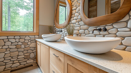 Elegant bathroom design featuring river rock textures and modern vanity with double sinks and natural light