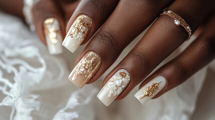 Black woman with bridal manicure featuring ivory and gold colors, showcasing perfect nails for weddings or luxury beauty services