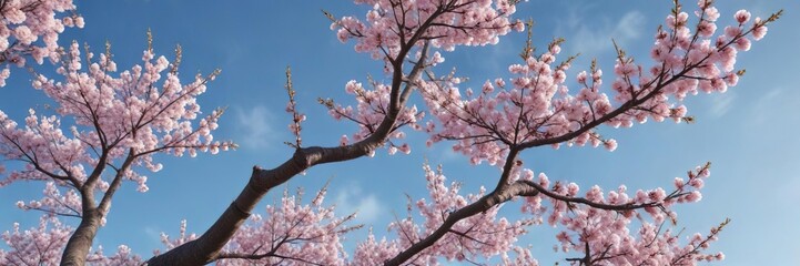 Fototapeta premium blooming cherry blossom tree against a clear blue sky , garden scenery, nature landscape