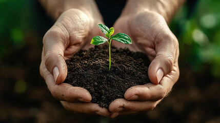 Hands holding soil with small plant sprouting, symbolizing spring arrival