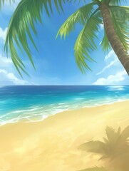 Obraz premium Relaxing beach scene with palm trees and ocean waves in tropical paradise vibrant colors nature landscape aerial view