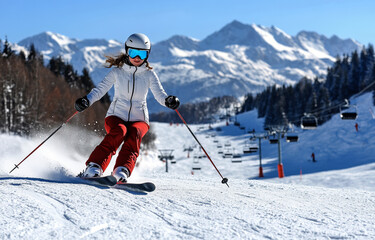 young woman skier  skiing down the slope on a sunny winter day