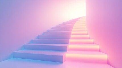 Obraz premium Ascending to Brighter Horizons: A minimalist stairway bathed in soft pink and blue light, symbolizing the journey to success, growth, and enlightenment. The light illuminates the steps.