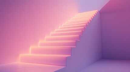 Obraz premium Steps to Success: A minimalist staircase bathed in soft, ethereal light, symbolizing the journey to achieving goals and ambitions. The pastel pink hue evokes a sense of hope and positivity.