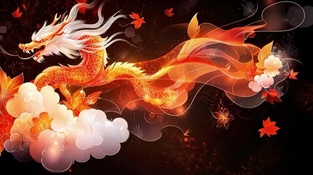 Majestic fiery dragon with autumn leaves and mystical clouds on dark background. Happy Chinese New Year