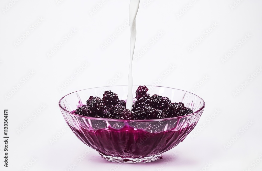 Poster A bowl of blackberries with purple juice being poured in, creating a refreshing dessert.