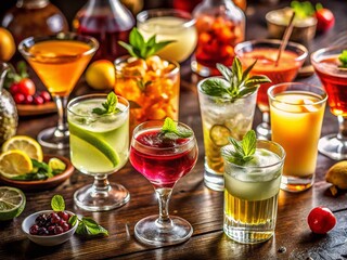 Cocktail Drinks Flat Lay, High Depth of Field, Creative Arrangement