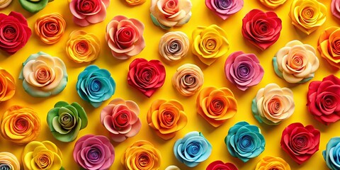Fototapeta premium Colorful Heart-Shaped Roses Pattern on Yellow Background - AI Art