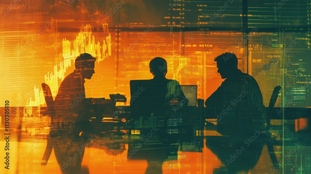 Poster silhouetted figures in a meeting with financial data overlay.