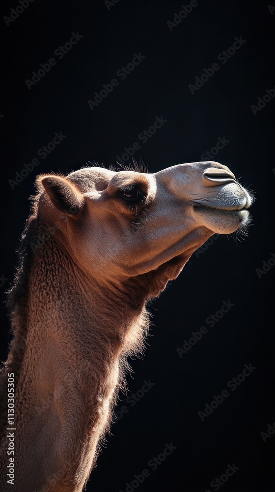 Poster A close-up profile of a camel against a dark background, showcasing its unique features.