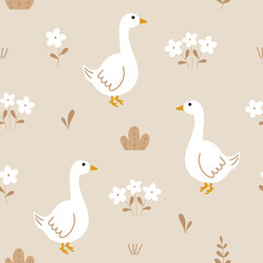 Goose vector seamless pattern with flowers for your fabric, children textile, apparel, nursery decoration, gift wrap paper. Vector illustration