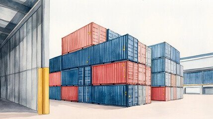 Fototapeta premium A colorful stack of shipping containers in a busy industrial warehouse.
