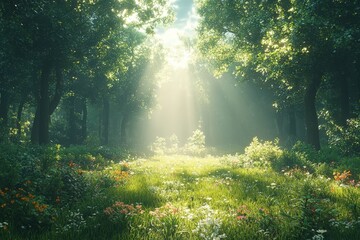Obraz premium Serene sunlit forest with lush green undergrowth, peaceful woodland landscape