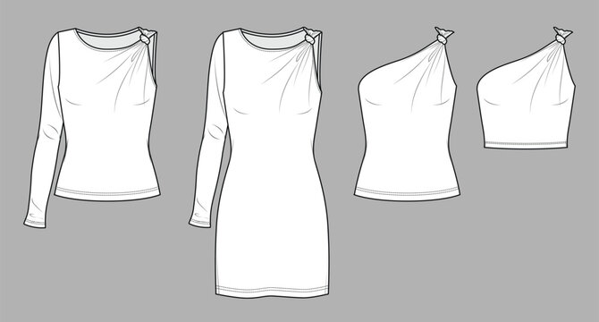 Vector round neck t-shirt with knot at front fashion CAD,  tie detailed long sleeve woman top technical drawing, template, sketch. Jersey or woven fabric dress, blouse set with front view, white color