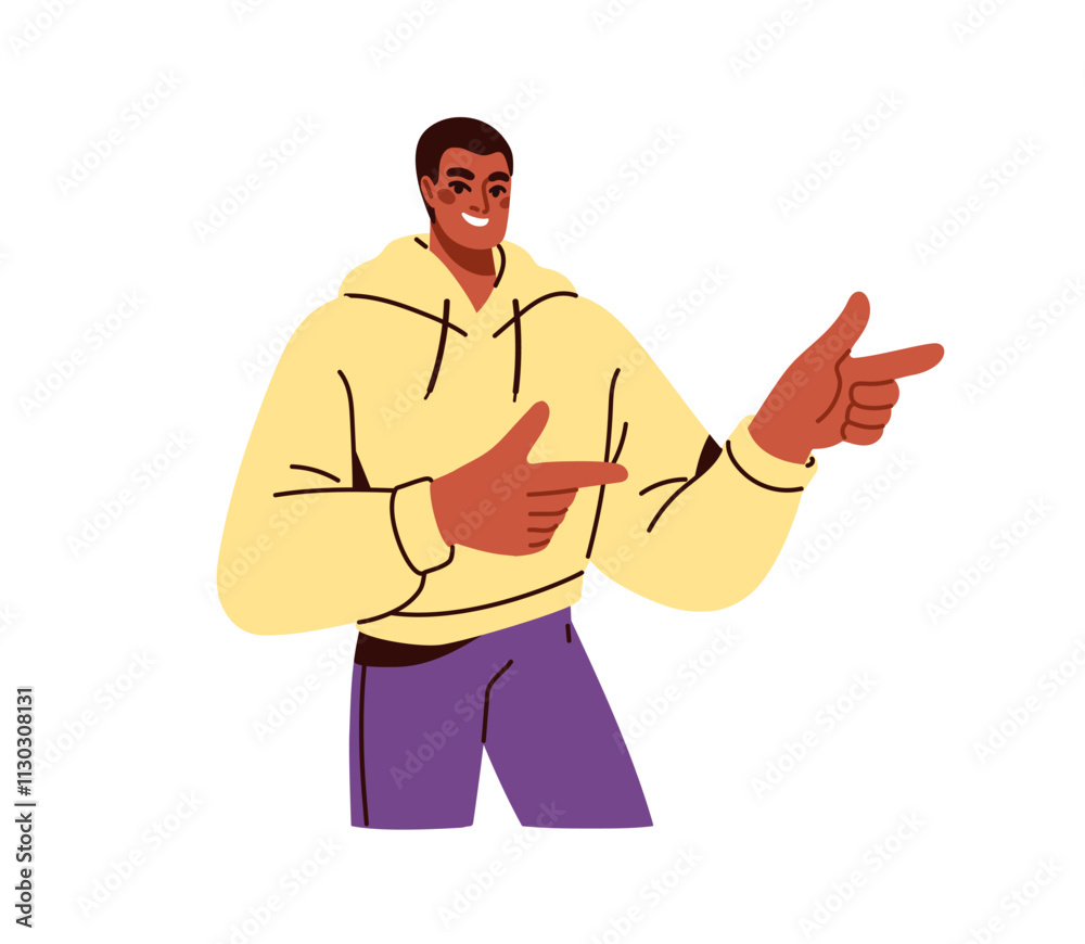 Poster man pointing aside and smiling. happy male character presenting, showing with hand gesture, indicati