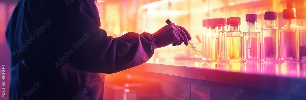Aufkleber A scientist using a pipette in a laboratory filled with glass vials.