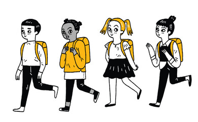 Cute character illustration of different people in various outfits, Outline, thin line art, hand drawn sketch, black and white ink style.