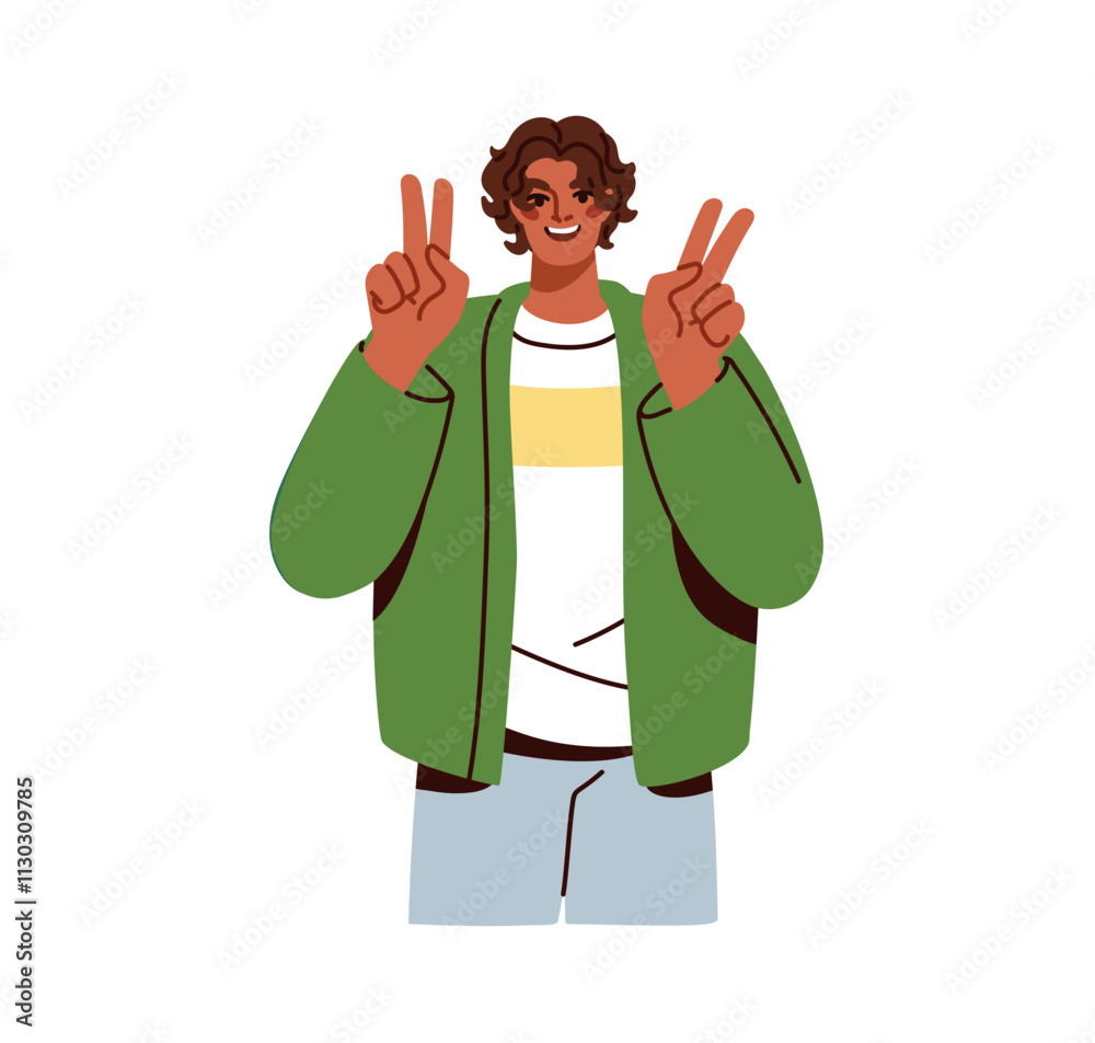 Poster Man showing peace sign, victory fingers. Happy smiling young male character portrait with friendly hand gesture. Funny positive joyful pose. Flat vector illustration isolated on white background