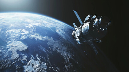 Cargo spaceship on orbit of the Earth planet in dark space
