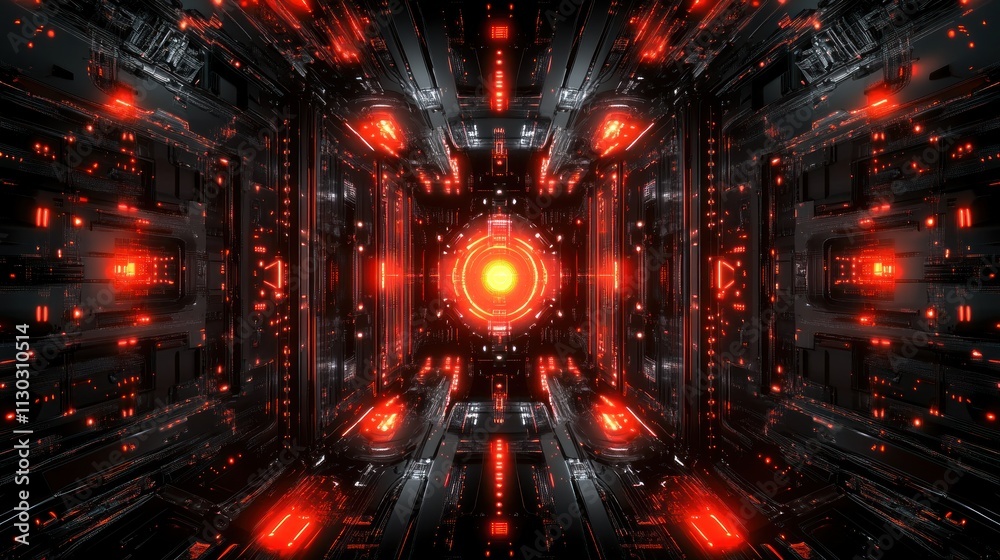 Poster a futuristic, abstract digital tunnel with glowing red lights and a central orb.