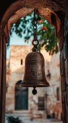 Fototapeta premium Ancient Ornate Bell Hanging in Stone Archway