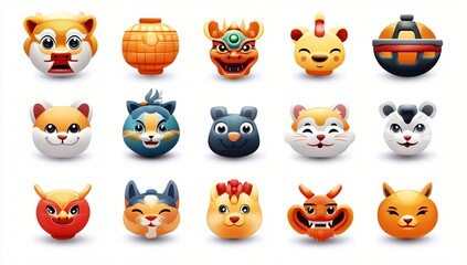 Fototapeta premium Cute Animal Icons Chinese New Year Celebration Lantern Festival Zodiac Animals