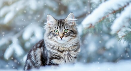 Fluffy tabby cat in snowy winter forest setting with evergreen trees