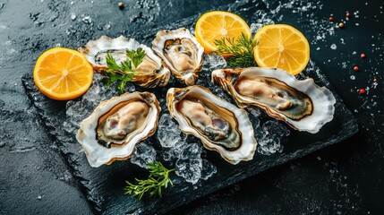 Fresh oysters chilled on ice, paired with lemon slices and herbs. Elegant gourmet food. Healthy seafood selection.